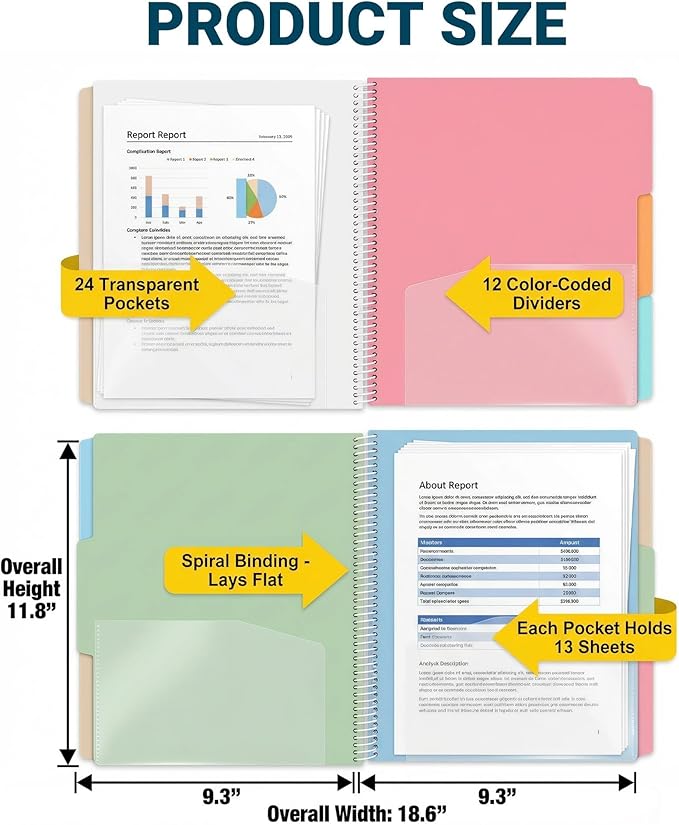 24 Pocket Project Organizer Folder by Dinceer, Letter Size Expandable File Organizer with 12 Color Dividers, Quick View Clear Cover Pocket, Inner Zipper Pouch, Heavy Duty Plastic