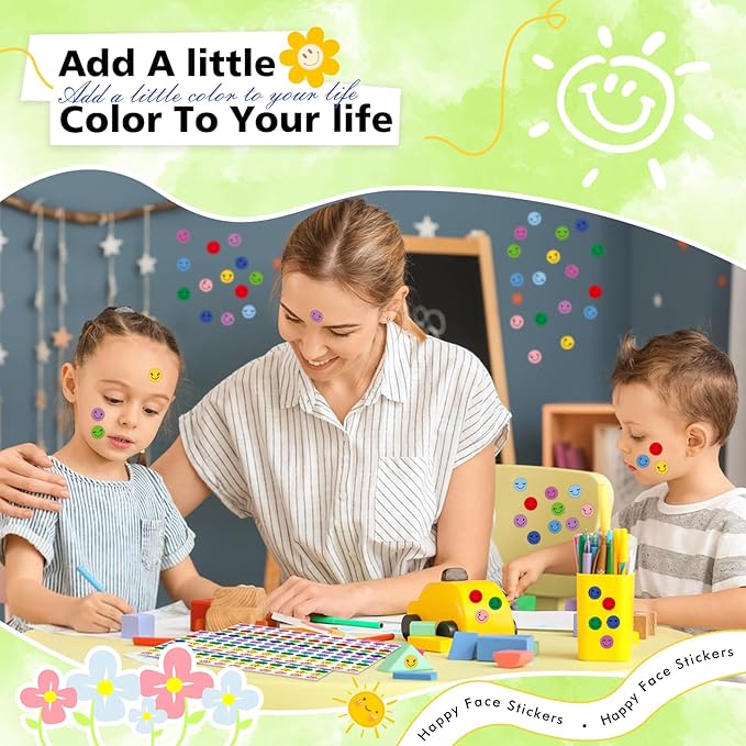6000 Pcs Happy Smiley Face Stickers for Kids Reward,0.4 inch 10 Colors Mini Round Colorful Reward Labels,10 Styles Happy Face Stickers for School Reward Behavior Chart Students Teacher Supplies
