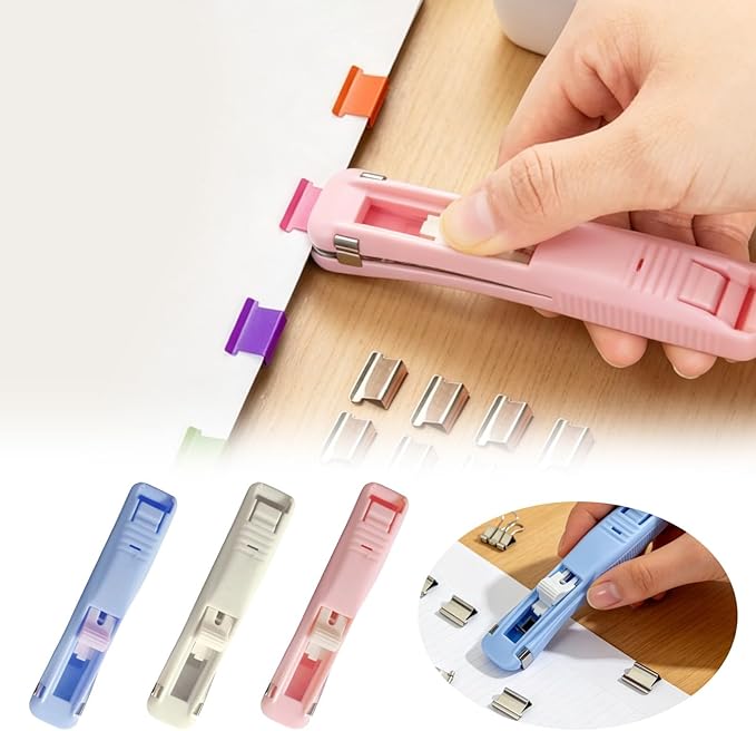 Portable Binder Clip Stapler, Includes 150 Reusable Clips, Push Clip Staplers, Mini Push Stapler Clamp Staplers for Desktop Document Home School Desk Office (N#)