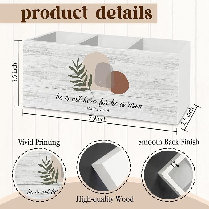 Boho Easter Christian Pen Pencil Holder Organizer for Desk Accessories, He Is Risen Bible Verse Wooden Box Sign Desk Decor for Home Office Decoration, Religious Easter Decor