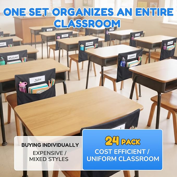 Joycat 24 Pack Classroom Chair Pocket for School, Large Capacity Student Storage Organizer with Deep Pocket & Name Tag Slot, Heavy Duty Chair Bag for Classroom Books & School Supplies