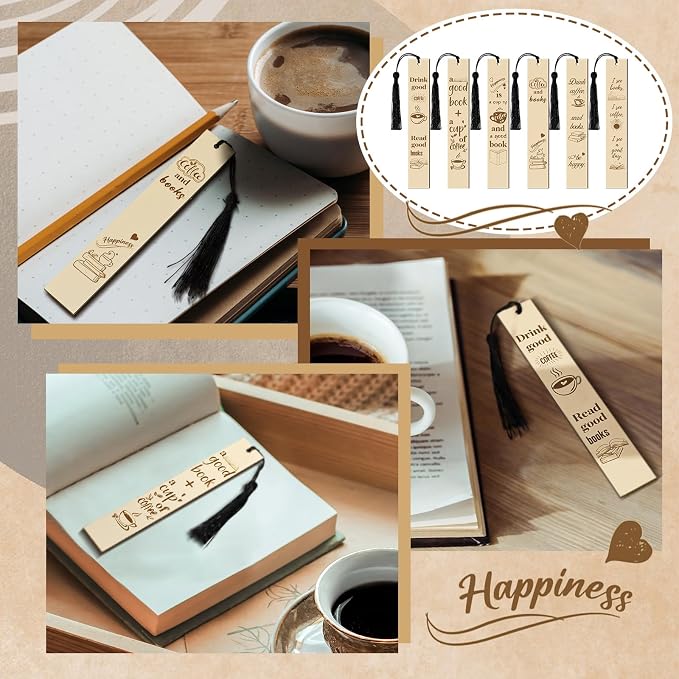 Colarr 12 Pcs Wood Bookmarks for Woman Book Club Gift for Book Worms Books Lovers Bookmarks Bulk with Tassels for Reading Party Favors Books Exchange Club Men & Women Friends(Coffee)