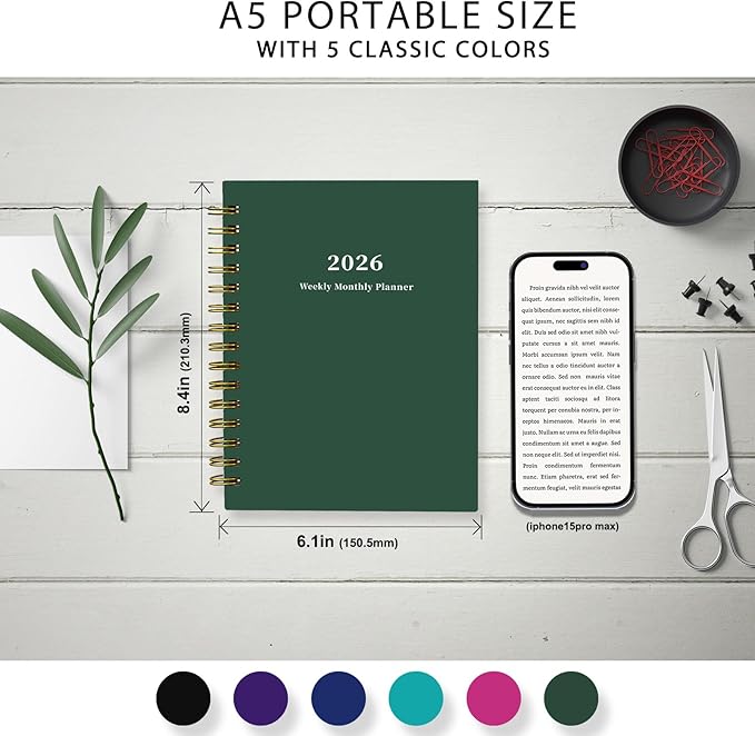 Ymumuda 2026 Planner, Daily Weekly and Monthly Planner,Jan 2026 - Dec 2026, 8.4" x 6.3", 2026 Calendar Planner Book with Tabs, Spiral Notebook with Inner Pocket for Office Home School Supplies