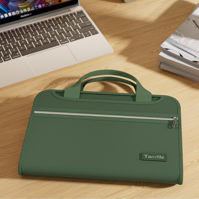 Tamfile Fireproof Accordion File Organizer with Handle, 13 Pocket Transparent Expanding File Folder (Green with Handle, 14.3" x 9.8" (Colour Pocket))
