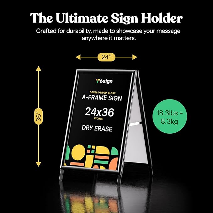 T-SIGN Sidewalk Sign for Indoor & Outdoor Sign - Open Aluminum A Frame Sign Poster Board 24x36 Inches, White Dry Erase Surface - Heavy Duty Double Sided Sandwich Board, Street Advertising Sign Board