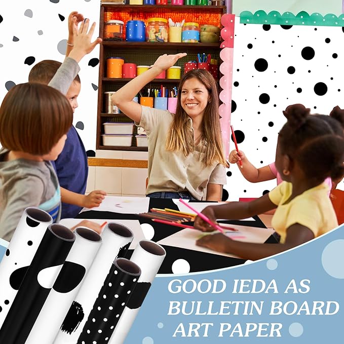 Skyygemm 6 Rolls Classroom Bulletin Board Paper Roll Polka Dot 4 x 12 ft Fade Resistant Colored Background Paper Bulk for Art Decor Drawing Craft(Black White)