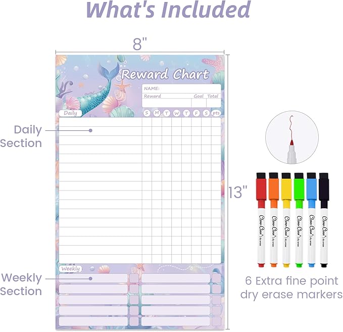 Clever Clean Dry Erase Chore Chart for Kids, Reusable Reward Chart, Non-Magnetic Kids Chore Board Clings to Any Smooth Surfaces, 6 Dry Erase Markers Included (Mermaid)