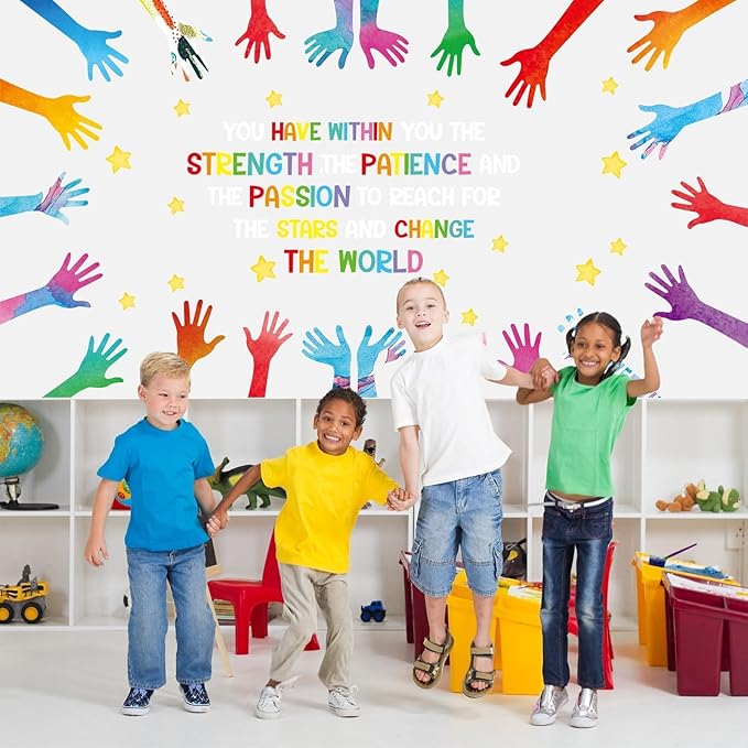 Justforjoyful We Can Change The World Bulletin Board Set Student Diversity Bulletin Board Decorations Colorful Handprint Themed Classroom Bulletin Boards Motivational Hands Cutouts School Wall Decor
