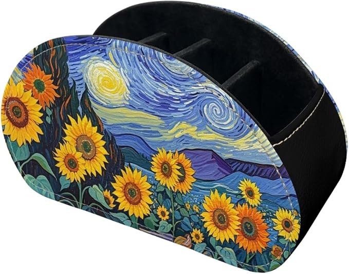 Starry Night Sunflower Office Desk Organizers with 5 Compartments, Remote Control Holder Desktop/TV Stand/Couch Accessory,for Controllers/Media Players/Eyeglasses Storage