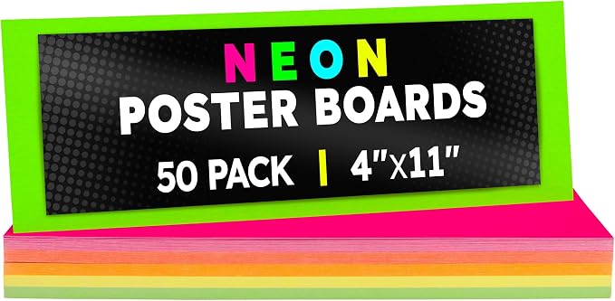 Hygloss Small Poster Board 4x11 - 50 Assorted Neon Color Bulk Pack - 10 Pt. Thickness Colored Poster Board Paper for Projects, Flash Cards, Signs - Posterboard Multipack 4" x 11"