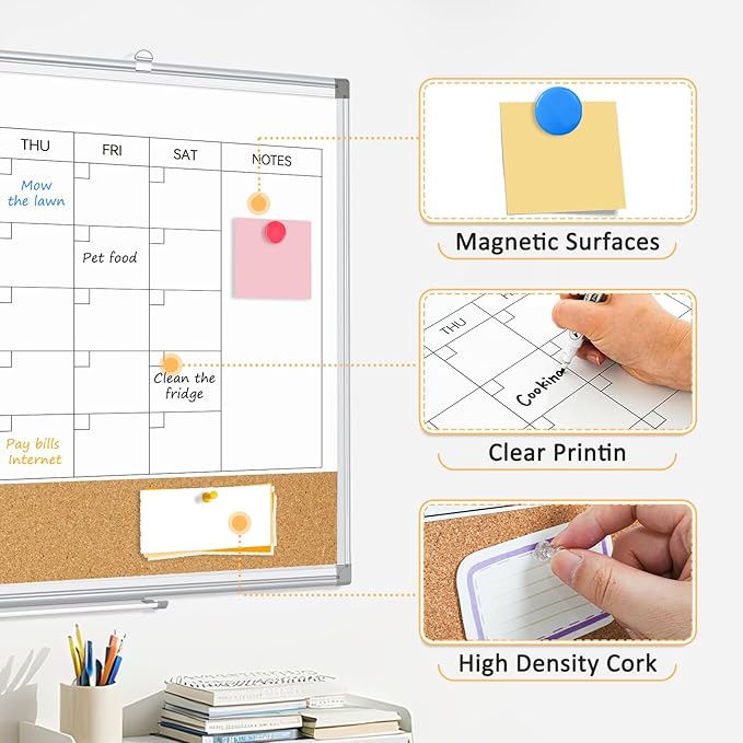 Dry Erase Calendar Whiteboard for Wall, 24"x18" Magnetic Monthly White Board Cork Board Combo, Double Sided, Aluminum Frame, Wall Hanging Wipe Board for Home, Office, School, Dorm