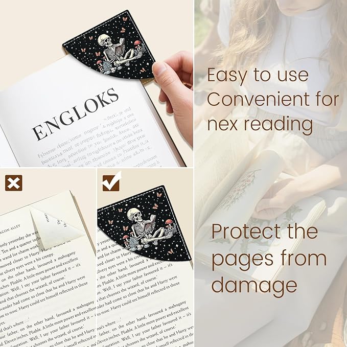 Icycay Skeleton Book Corner Bookmarks, Funny Leather Book Accessories for Book Lovers, 3 Pcs Reading Book Page Markers for Women Men Student Teacher Retirement Birthday Gifts