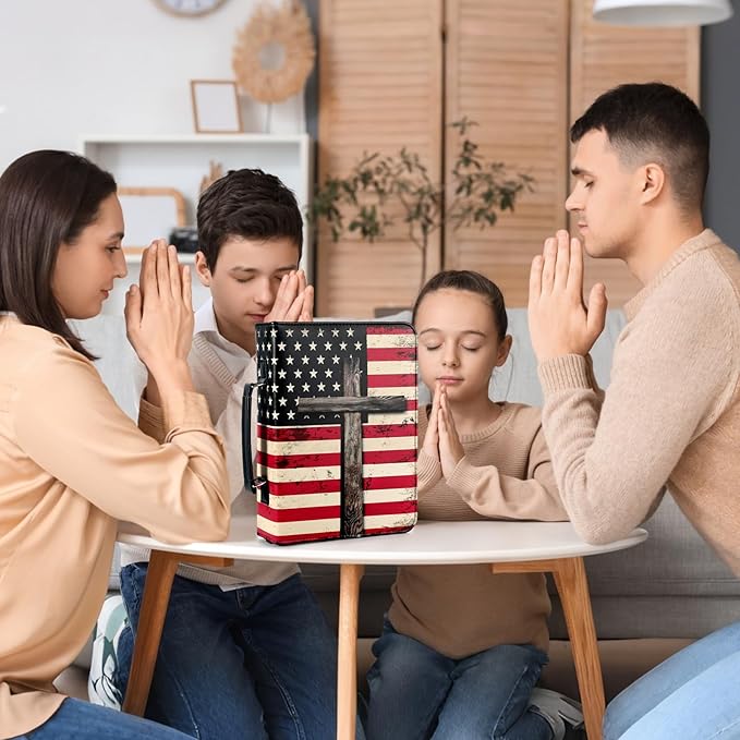 19PCS American Flag Leather Bible Cover for Men Bible Cover Cases for Mens Boys Christmas Gift Christian Carrying Bag Journaling Kit with Shoulder Strap Highlighter Pens & Book Marker Study Supplies
