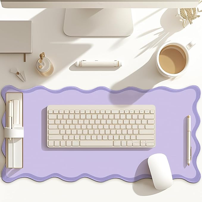 Hahafelt Scalloped Desk Mat Large Desk Pad Cute Coquette Table Mat Back to School Preppy Table Make up Pad Nonslip Graduation Gift with Stitching Waterproof Gaming(Purple,31.5 x 15.8 Inches)