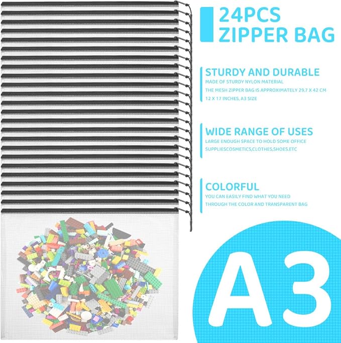 YOPCDJ 24pcs Mesh Zipper Pouch Bags, Large A3 17x12 Inches Reusable Bags Puzzle Storage Organizer Black Multipurpose for Travel Board Games School Office Supplies and Home Classroom Organization