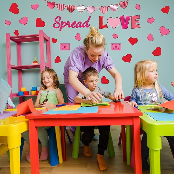 Spread Love Valentine's Day Bulletin Board Decorations Valentines Day Classroom Bulletin Board Border Rainbow Envelopes Red Pink Paper Heart Cutouts Valentines Party Supplies School Office Wall Decor