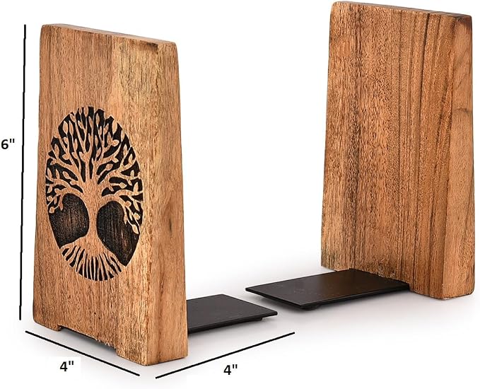 NIRMAN Office Bookends Iron & Acacia Wood Tree of Life Office Bookends for Shelves or Bookcase Heavy Bookends, Home Décor Gift (4"" X 4"" X 6""), (Set of 2), Brown