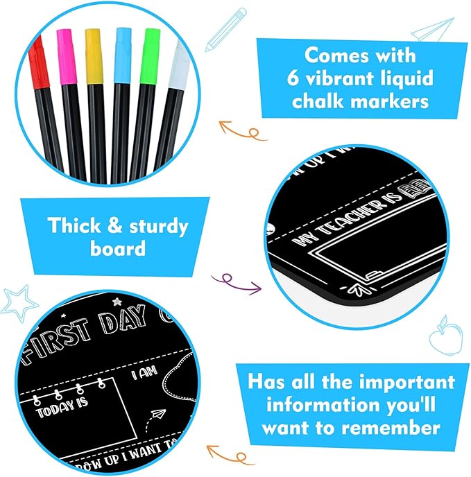 First Day of School Sign Board with 6 Colorful Liquid Chalk Markers - 11"x14" Double-Sided & Reusable - First and Last Day of Kindergarten Preschool Sign - Back to School Signs Supplies