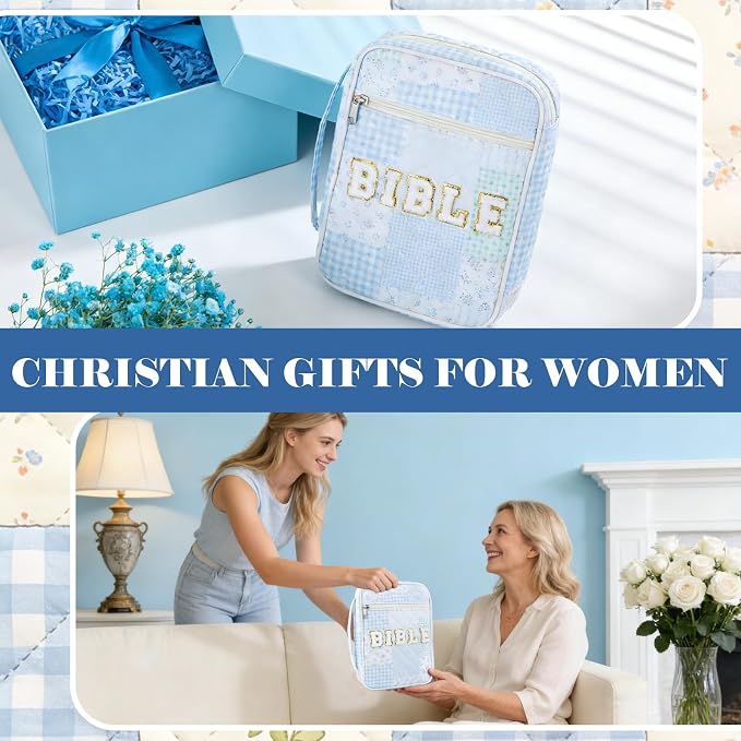 Bible Cover Case for Women, Large Chenille Letter Bible Bag with Handle, Carrying Bag with Tabs 6 Colored Pens 6 Highlighters, Back to School Study Supplies Christian Church Gifts, Blue Patch