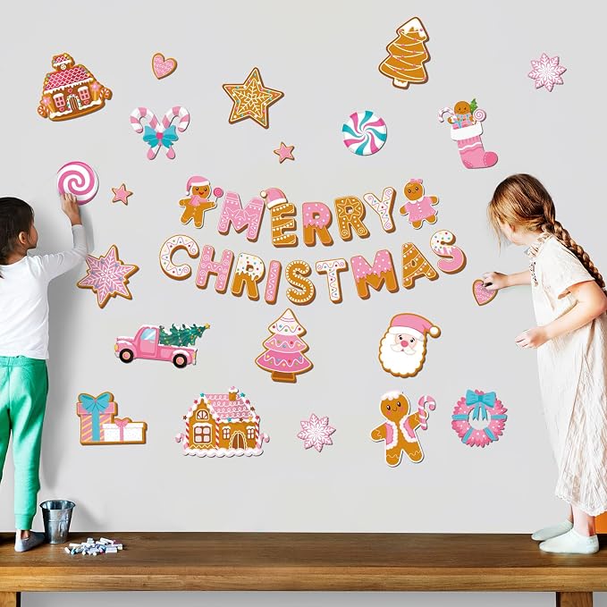 Kosiz 54 Pcs Christmas Bulletin Board Set Pink Gingerbread Man Cut-Outs Merry Christmas Bulletin Board Decoration Set Pink Gingerbread House Cutouts for Xmas Holiday Party School Home Wall Door Decor