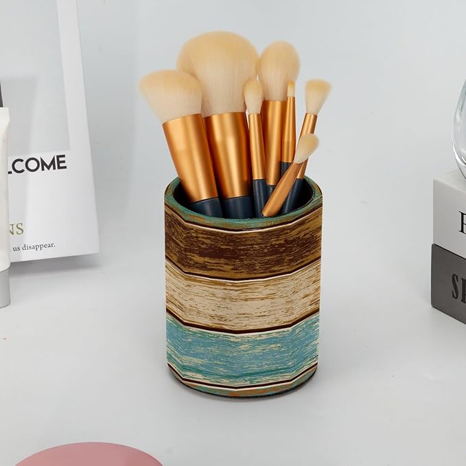 Pencil Holder, Retro Rustic Barn Wood&Teal Green Brown Pen Holder for Desk Leather Pencil Organizer Makeup Brush Cup Multifunctional Desk Organizer Office Supplies for Home School