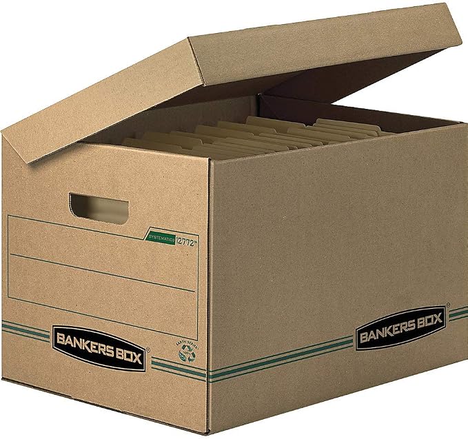 Bankers Box 12 Pack SYSTEMATIC Basic-Duty 100% Recycled File Storage Boxes, Standard Setup, Attached Flip Top Lid, Letter/Legal, Kraft/Green
