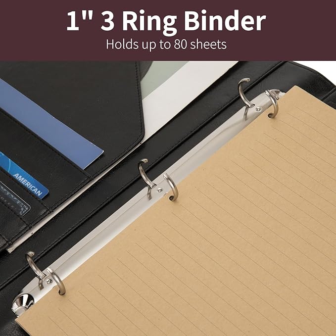 Personalized Vegan Leather 3 Ring Binder, Custom 8.5 x 11 Letter Size Folio with Pen Holder, Soft Notebook Portfolio Cover, Notepad Padfolio Organizer for Meeting, Black