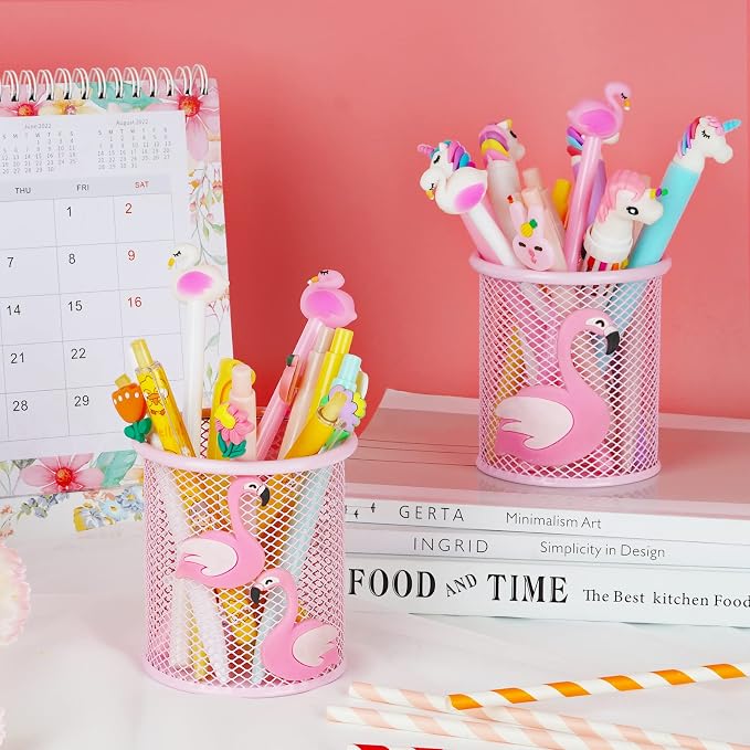Trycooling 2 Pack Metal Cute Pen Pencil Holder Office Home Desk Square Pencil Cup Caddy Box Makeup Brush Holders for Girls (Round)