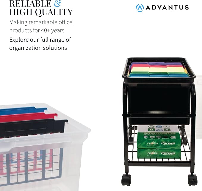 Innovative Storage Designs 55797 File Tote with Hinged Lid, Letter, Plastic, Clear/Navy