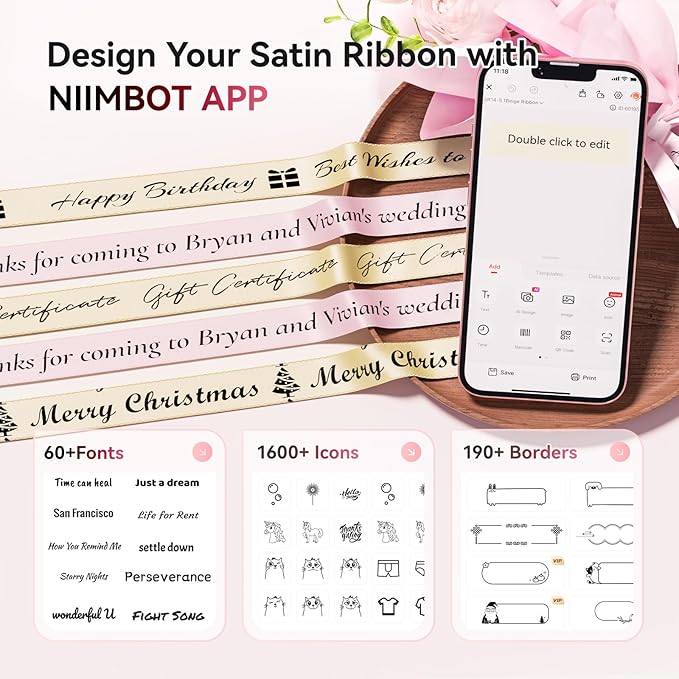 NIIMBOT N1 Satin Ribbon Label, 14mmx5.1m Pink Satin Ribbon, N1 Label Printer Ribbon for Gift, Wedding, Party Decor, Craft Work (Pink)
