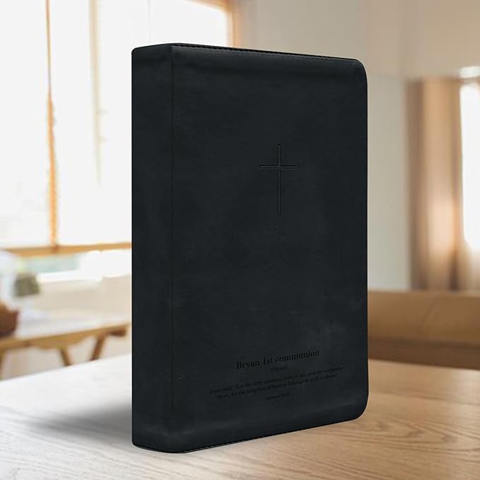 Personalized NLT Bible New Living Translation Faux Leather Holy Bible with Custom Name Up to 3 Rows of Text with Red-Highlighted Verses, Custom Gift for Religious Celebrations | Black