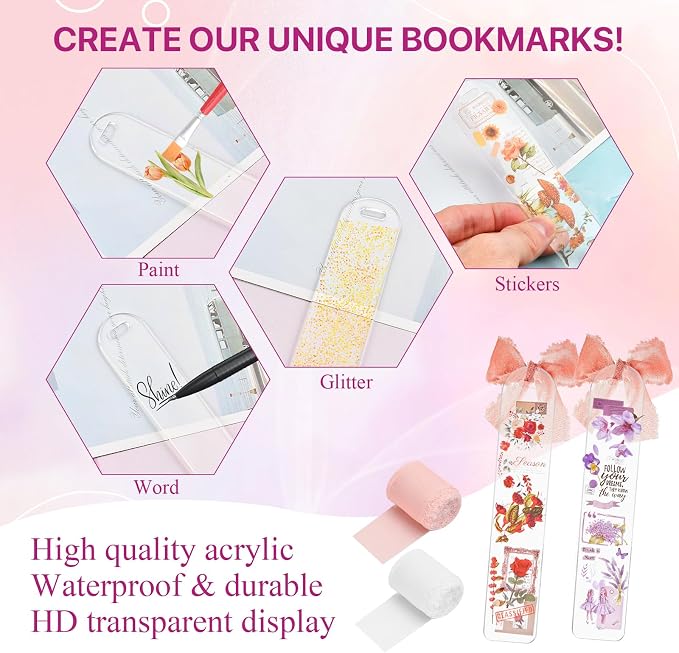 50 Pcs Acrylic Bookmark Blanks, Clear Acrylic Bookmarks Making Kit with 2 Rolls Ribbon, Plastic Blank Bookmarks Bulk for Reading Lovers, DIY Crafts, Graduation Gift Tag