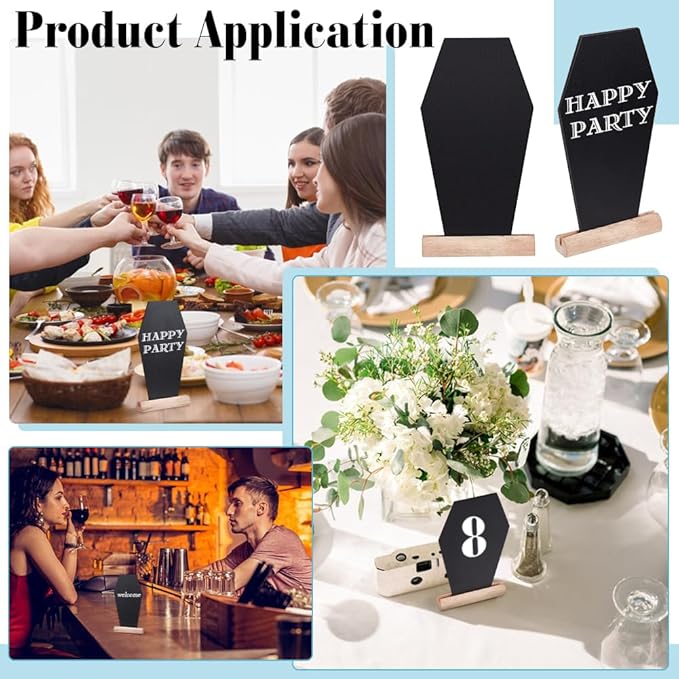 BENECREAT 16Sets Black Wood Tabletop Chalkboard, 6.1x3.1 Inch Coffin Shape Blackboard with Stand for Buffet, Message Board Signs for Halloween Weddings Parties