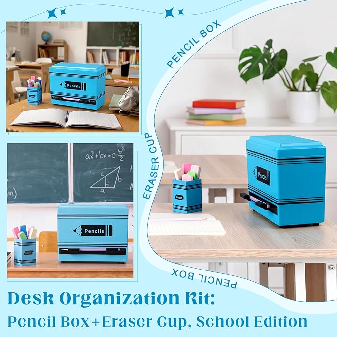 Gueevin 2pcs Pencil Dispenser for Classroom, Fun Desk Organizer with Eraser Holder, Interactive Pencil Storage for Teachers, Students & Homeschool Desk Organizer, Back to School Supplies(Blue)