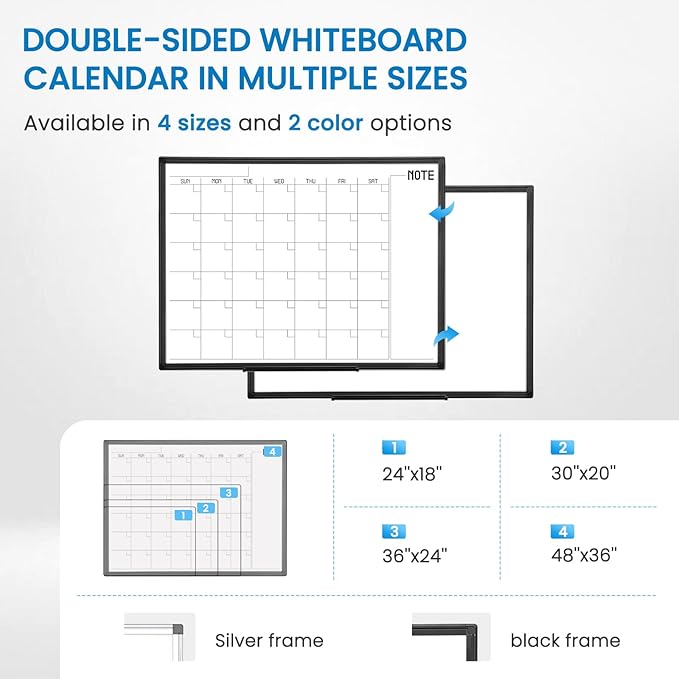 WALGLASS Dry Erase Calendar Whiteboard, 48" x 36" Monthly Large Dry Erase Calendar for Wall, Double-Sided Hanging White Board with Black Aluminum Frame for Home, School, Office, Kitchen
