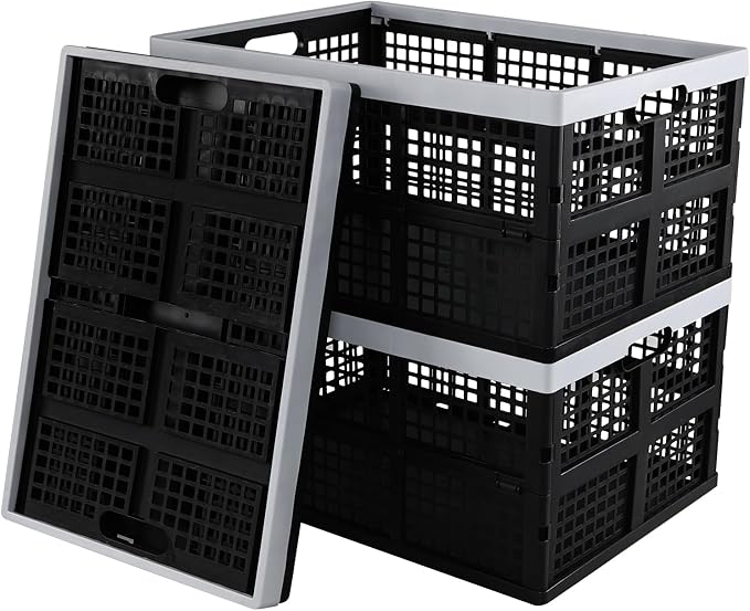 3-Pack Large Plastic Folding Storage Crates, 66 L Collapsible Storage Crates, Black
