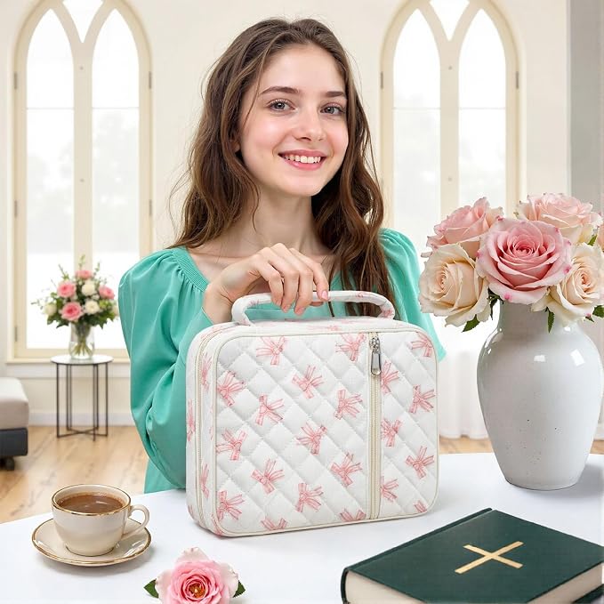 WOBAGMEN Bible Cover Case for Women,Large Bible Tote Bags Organizer Quilted Carrying Case for Girls,Bible Study Supplies Accessories Christian Gifts for Women (Pink Cute Bow, M)