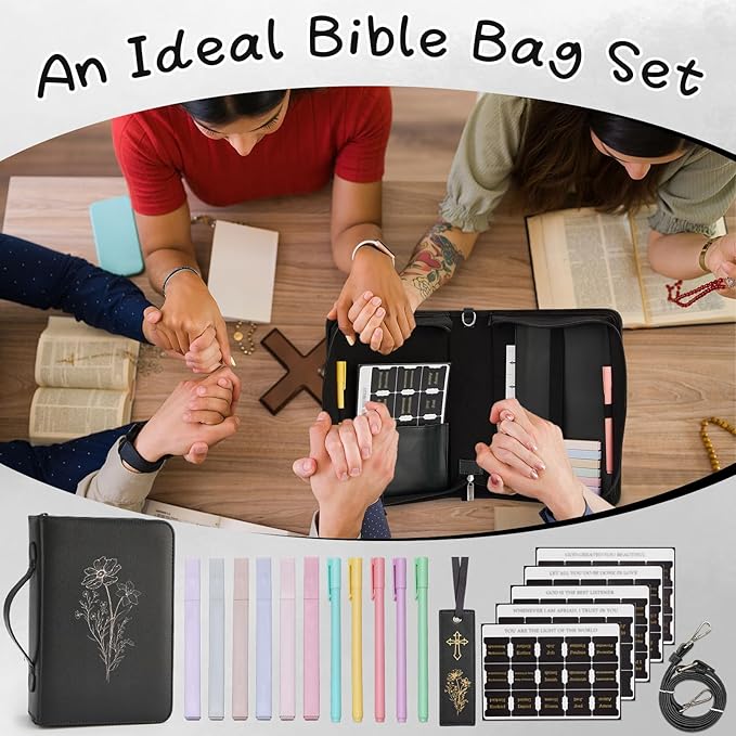 19PCS Floral Black Leather Bible Cover for Women Bible Cover Cases for Teen Girls Christmas Gift Christian Church Carrying Bag Journaling Kit with Shoulder Strap Highlighter Pens & Book Marker
