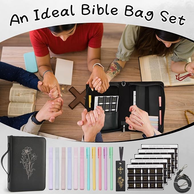 19PCS Floral Black Leather Bible Cover for Women Bible Cover Cases for Teen Girls Christmas Gift Christian Church Carrying Bag Journaling Kit with Shoulder Strap Highlighter Pens & Book Marker