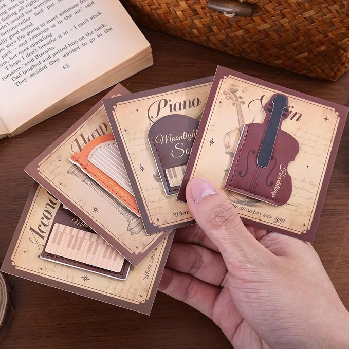 4PCS Leather Musical Instrument Bookmarks,Cute Corner Book Marks Sets for Reading,Art Read Lover Gifts for Women Men Girls Kids Reader,Pretty Book Markers for Reading, Aesthetic Gifts for Planner