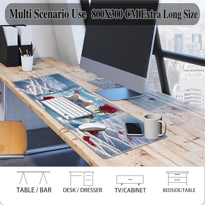 Mouse Pad Gaming Mousepad 31.5x11.8 Inch XXL Large + Coasters,Desk Mat with Stitched Edges, Non-Slip Rubber Base, Thick Mouse Pad for Computer, Laptop, Office & Home - Ice Cube Rose Cat