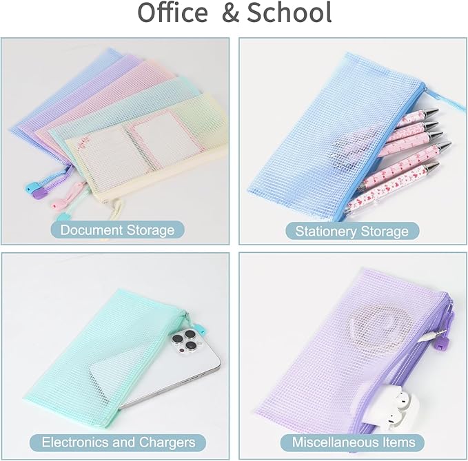 10 Pcs A6 Clear Zipper Pouch Bags - 5 Colors Plastic Mesh Storage Organizers for School Supplies, Office Travel Accessories & Classroom Organization (A6)