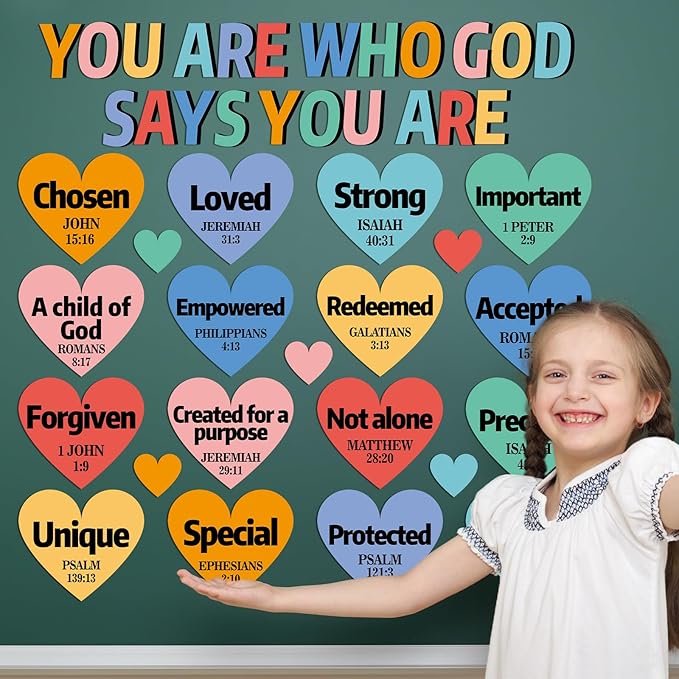 Qyeahkj Christian Bulletin Board Decorations God Says You are Religious Classroom Decor Motivational Heart Paper Cutouts Inspirational Bulletin Board Sets for Sunday School Church Supplies