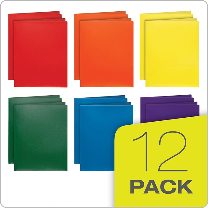 Oxford 2 Pocket Folders, Sturdy Plastic Portfolio, Folder for School and Office, 2 Pocket Paper Organizer, Letter Size, Asst. Colors, 2 Each (Blue, Green, Yellow, Orange, Red, Purple), 12 Pack (14188)