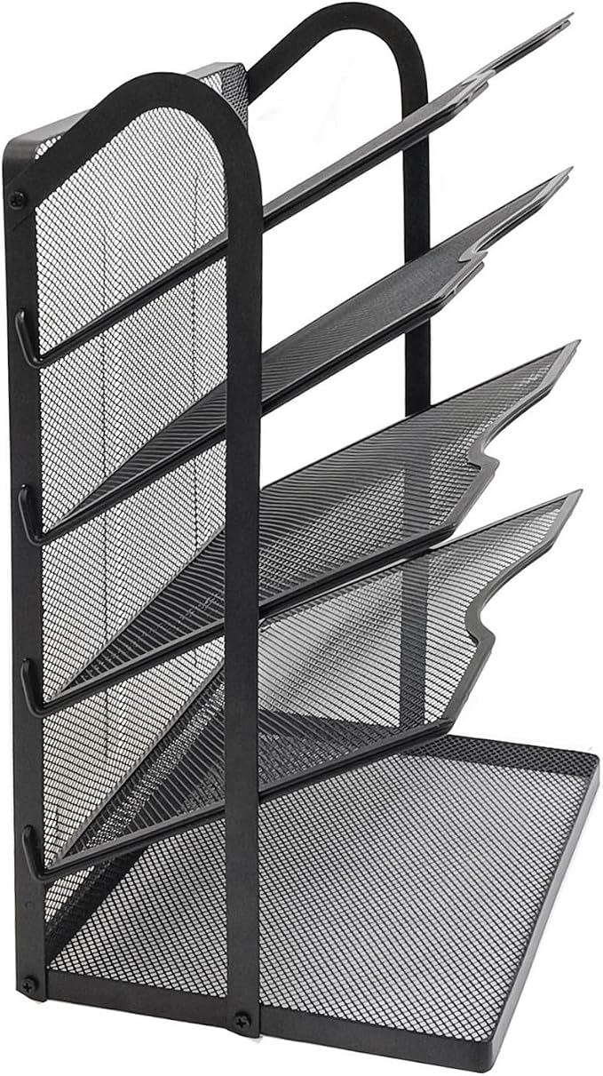 5 Tier Mesh Desk Organizer Letter Tray-Angled File Holder,Black | Metal Office Desk file Organizer with Handle,Paper Sorter Organizer for Office,Home,Classroom or School