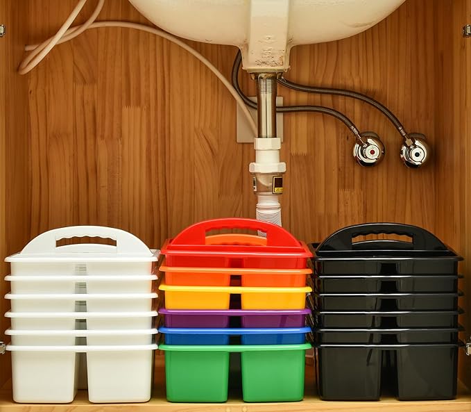 ALINK Plastic Classroom Caddy Organizer with Handle, 6-Pack 3 Compartments, Teacher Supply Storage Caddy for Classroom Organization, Table, Desk, Office, Craft Art for Kids - Black