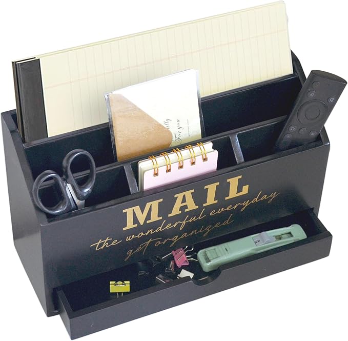 EXQUIDECA Wooden Black Rustic Countertop Mail Storage Holder with Drawer and Compartments - Office Desk Accessories and Workspace Organizers - Desktop Sorter for Pen Stationery Letter Files Documents