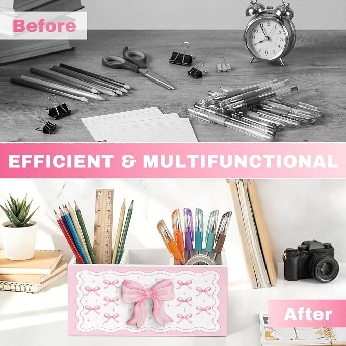 Pink Bow Pen Pencil Holder for Office Desk Pink Bow Office Decor Wooden Coquette Organizer Desktop Decor Gift for Girls Cute Makeup Brush Toothbrush Holder for Bathroom Desk Accessories