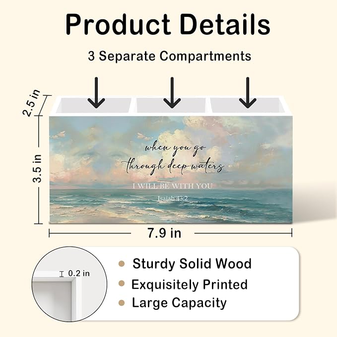 Christian Isaiah 43:2 Pen Pencil Holder Gifts for Women Desk, Beach Summer Bible Office Desk Accessories, Religious When You Go Through Deep Waters Pen Holders Organizer for Bathroom Office