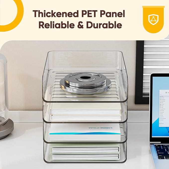 HIYOHIYO Clear Office Desk Organization for A4 Letter Paper, 4-Tier | Vertical Style, Stackable, Large Capacity, Sturdy Office Organizer for File Folder, Stable Home Desktop Holder and Storage